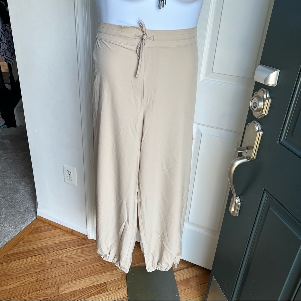 Strechtech Beige Wide-Leg Drawstring Cargo Pants